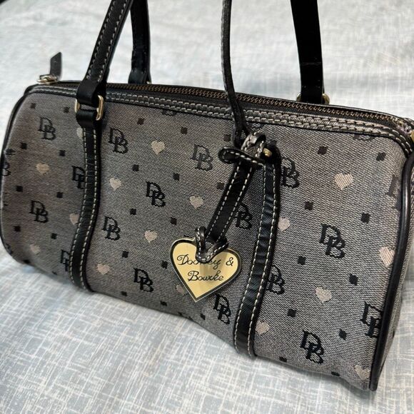 Vintage Y2K Dooney & Bourke Monogram Hearts Canvas Barrel Bag - Picture 1 of 11